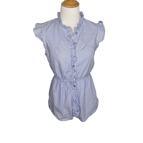 Odille Ruffle Prairie Striped Button Down Blouse Top Peplum Blue white Size 6 - Picture 1 of 6